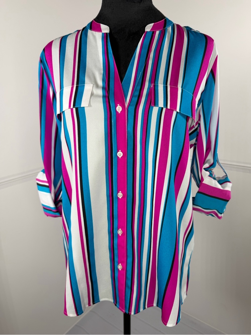 NWT Calvin Klein Multicolor Striped V-neck Button Up Blouse Size Small